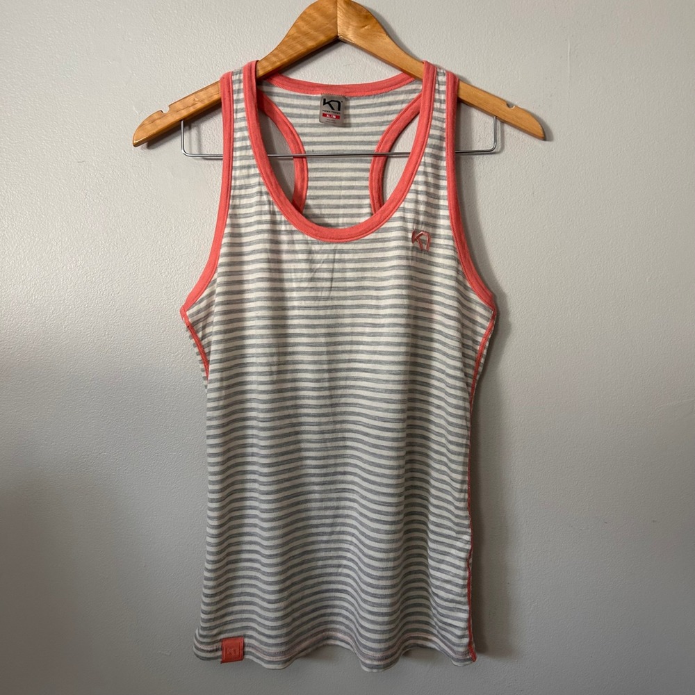 Kari Traa Tank Top‎ Womens XL Gray Coral Striped Racerback Activewear Base Layer